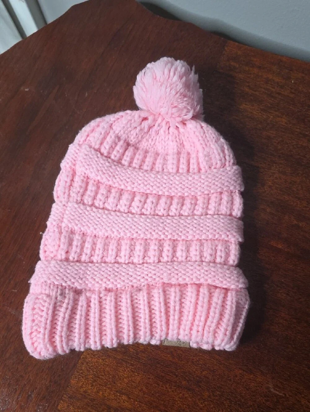 Kids Pink Knit Pom Pom Beanie - Cozy Winter Hat